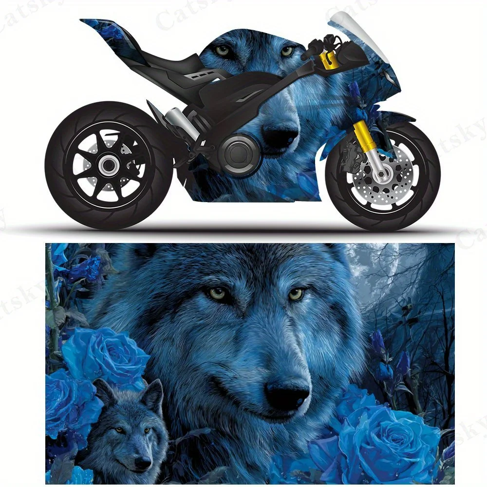 

Blue Rose & Wolf Motorcycle Film Stickers, Durable PVC Adhesive Decals for Motorcycle Customization, Weather-Resistant Protectiv