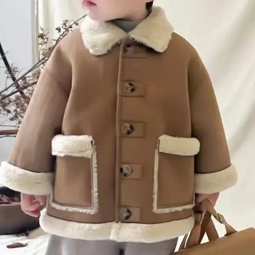 Boy Girl Coat Windbreak Warm Thicken Plush Collar Jacket Plush Top Winter 2025 High Quality Suede Overall Straight Pants Outfits image 5