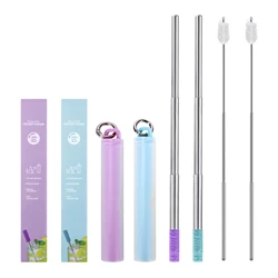 Reusable Pocket Straws Retractable Stainless Steel Straws with Cleaning Brush Portable Folding Straw Set with Keychain Organizer