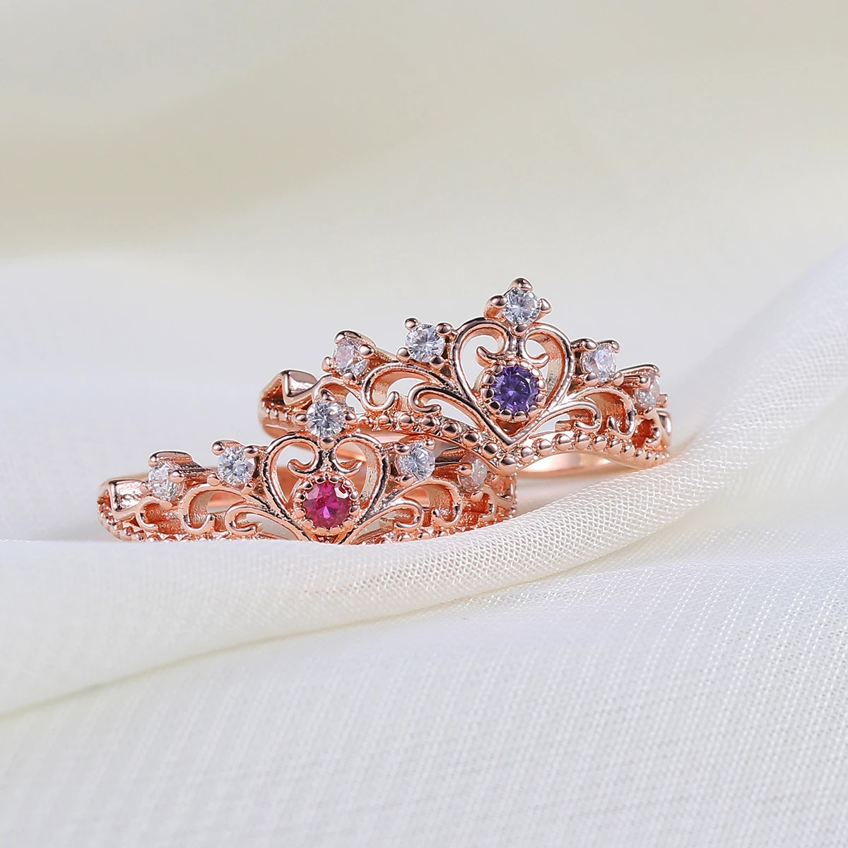 Purple Heart Crown Rings For Girls Party Wedding Finger Ring Rose Gold Color Crystal Jewelry for Women Anel Wholesale KBR212