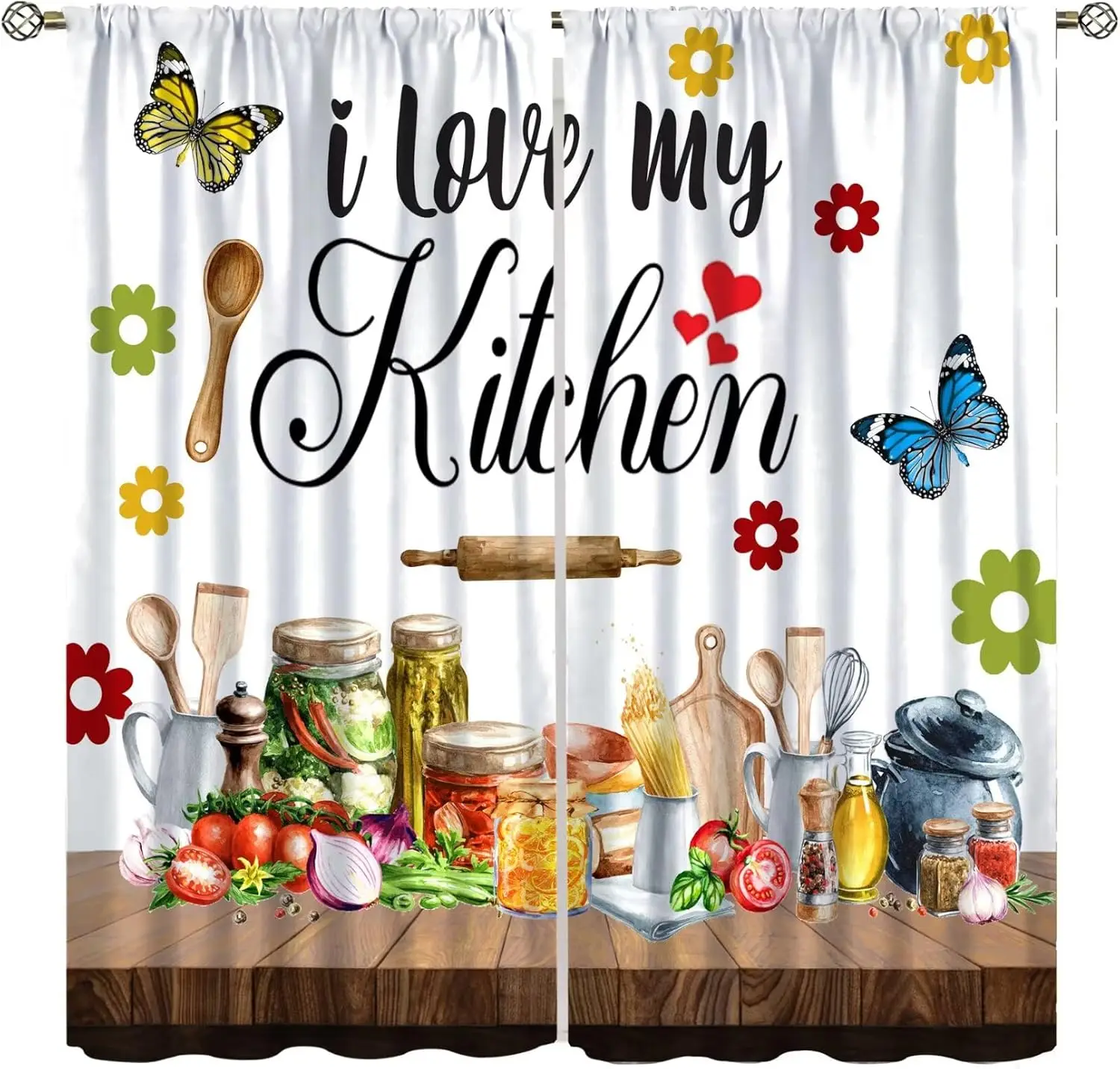 Farmhouse Curtain,Rustic Vintage Fork Spoon Cook Theme Wood Board Country Window Treatment Curtains Kitchen Bedroom Cafe Dining