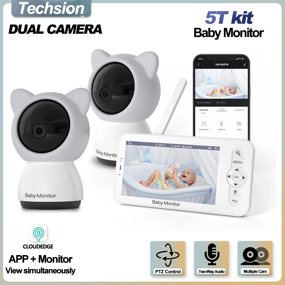 

Двойная камера, 5-дюймовая радионяня, управление с помощью мобильного телефона и экрана, 4-кратный зум, камера для маленьких детей, аксессуары для детей, гаджеты для новорожденных, радионяня