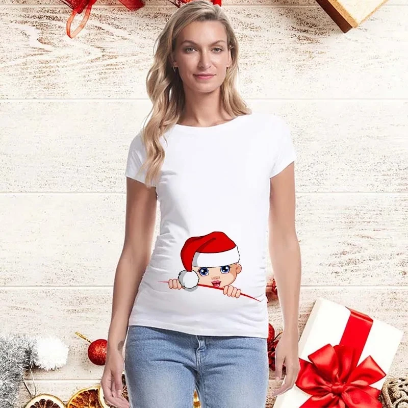 Camisa de embarazo maternidad Navidad señoras Top mujeres embarazo camiseta lindo Santa bebé estampado embarazada maternidad camisetas Tops