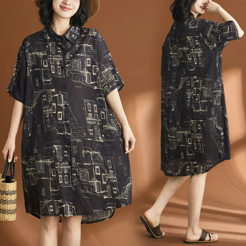 

plus Size Women's Cotton Linen Collar Shirt Dress Oversize Artistic Pleated Hem Casual Summer Mid-Length A-Line Dress