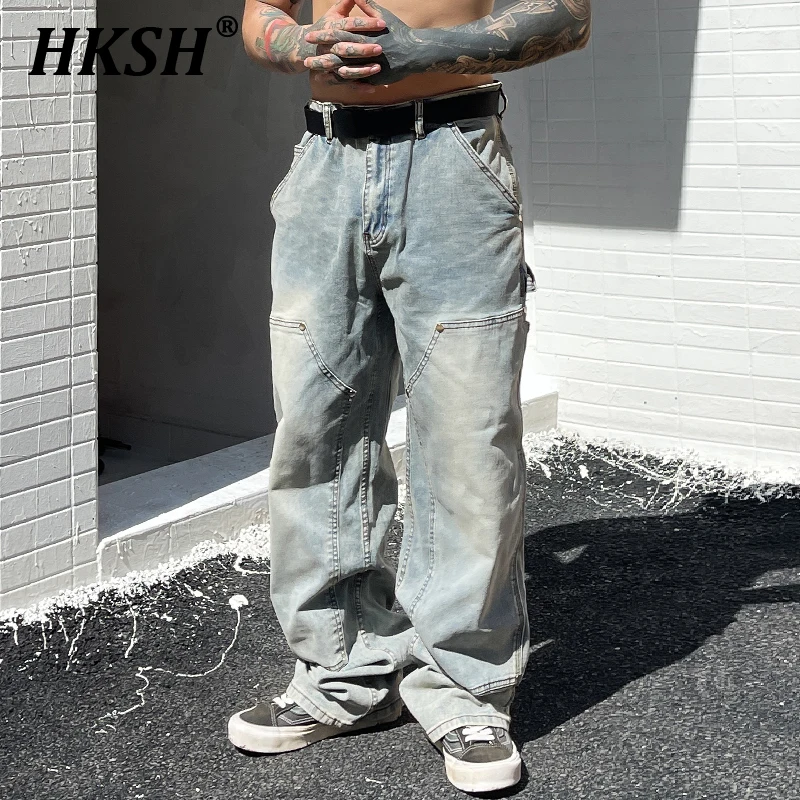 HKSH Trendy American Style Retro Washed Loose Fitting Jeans 2024 Trendy Brand Street Straight Leg Pendant Casual Pants HK0934