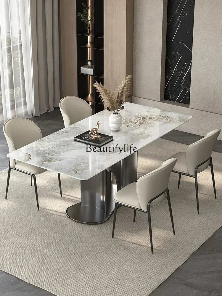 

02Italian Light Luxury Natural Marble Dining-Table Rectangular High-End Dining Table