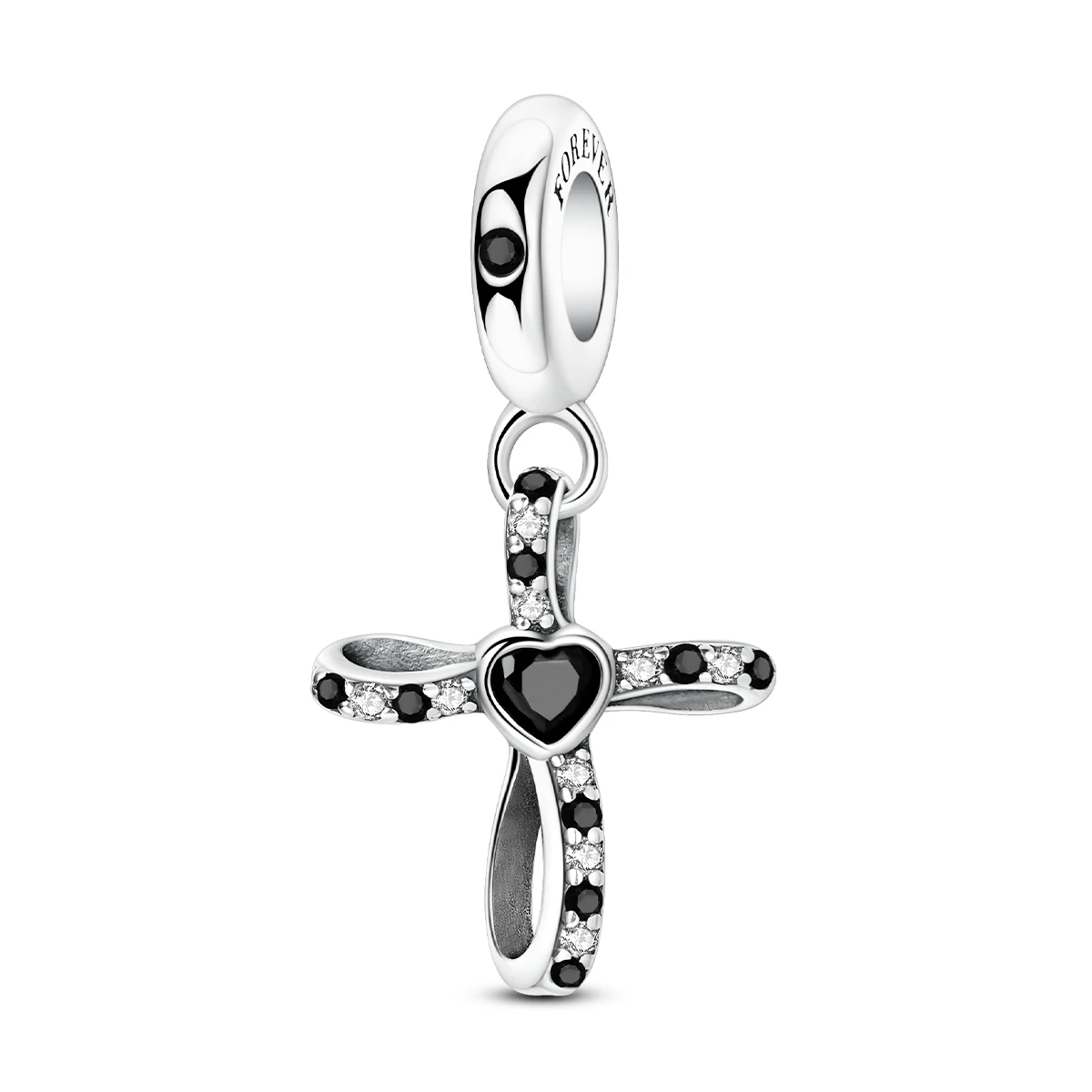 925 Sterling Silver Infinity Cross Heart Dangle Charm Black CZ Religious Gothic Charm Fits Bracelets Necklace Women DIY Jewelry