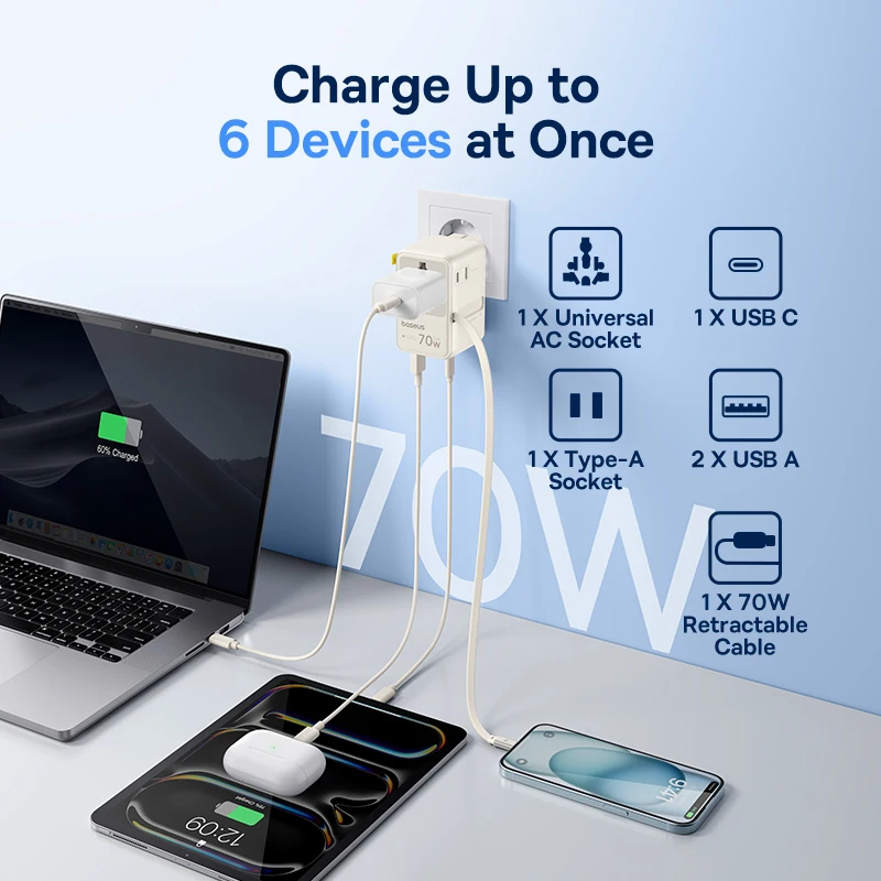 Uniwersalny adapter podróżny Baseus 70W GaN 2 gniazda AC 1 USB 2 porty Type C z wysuwanym kablem, szybka ładowarka EU UK US AUS 6-w-1 — zdjęcie produktu 6