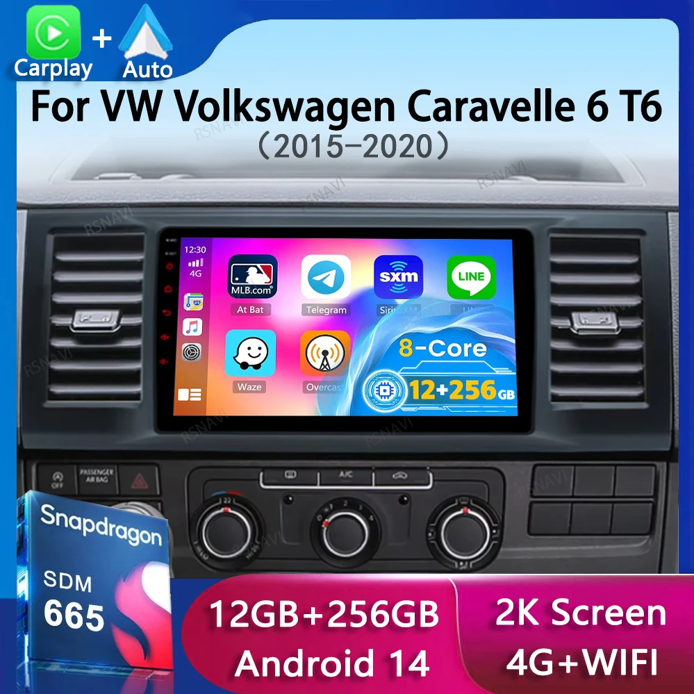 Android 14 Carplay Auto Car Radio For VW Volkswagen Caravelle 6 T6 2015-2020 Multimedia Video Player Navigation GPS Stereo Audio