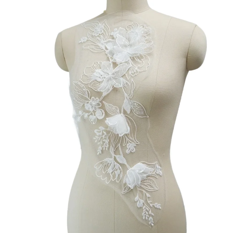 2pcs=1Pair .New Beaded Sequins 3D Decals Mirror Flower Lace Fabric Evening Dress Front Chest Back Applique Patch Decoration New
