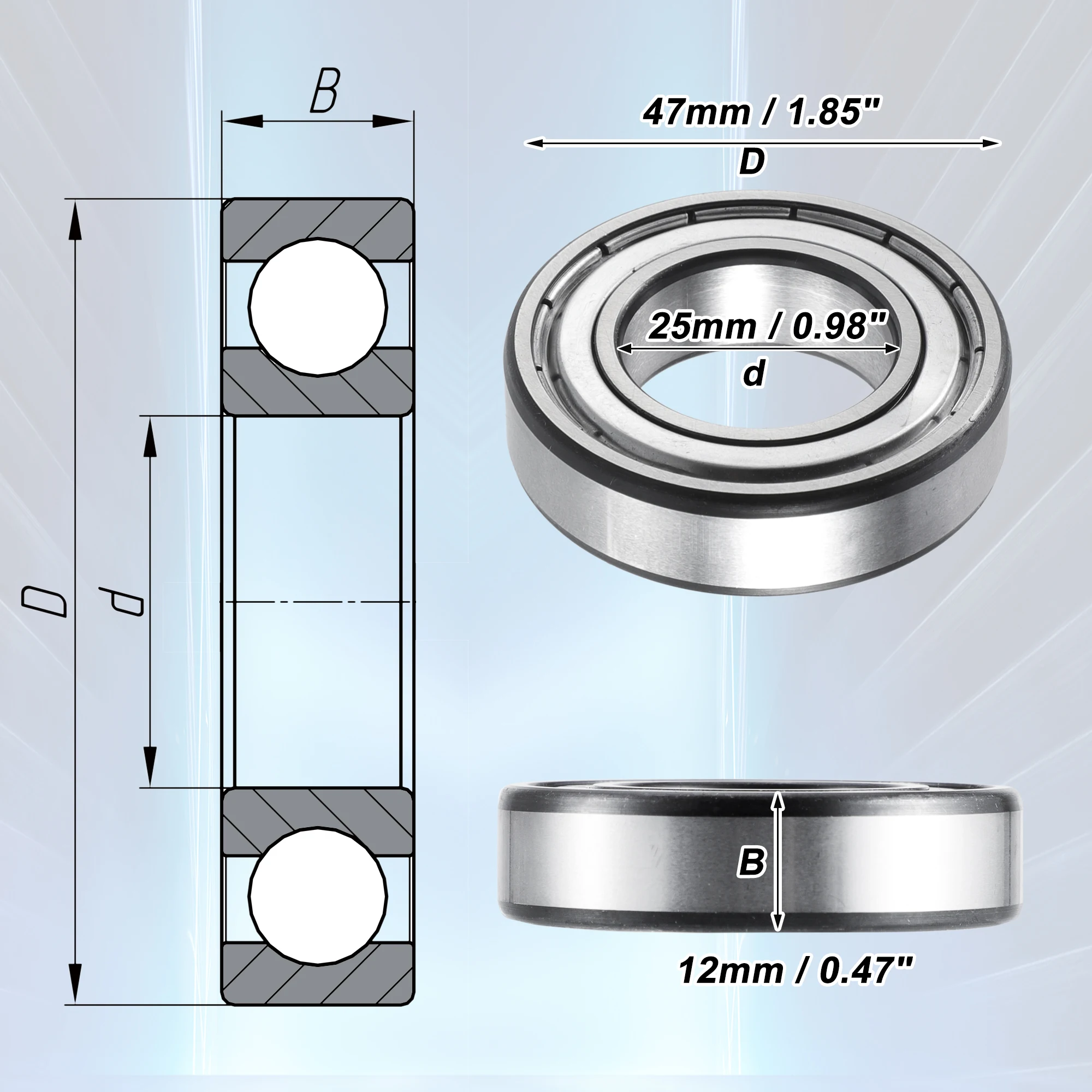 Motoforti 4Pcs 6005ZZ 25x47x12mm Double Metal Shield Single Row Deep Groove Ball Bearings Silver Tone