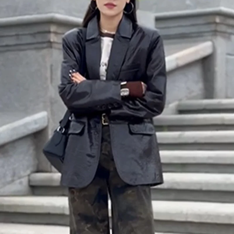 Casaco feminino solto americano retrô de comprimento médio eepskin Couro Jaet outono 2024 novo Sle Iphirem Fur ket Detalhe Com...