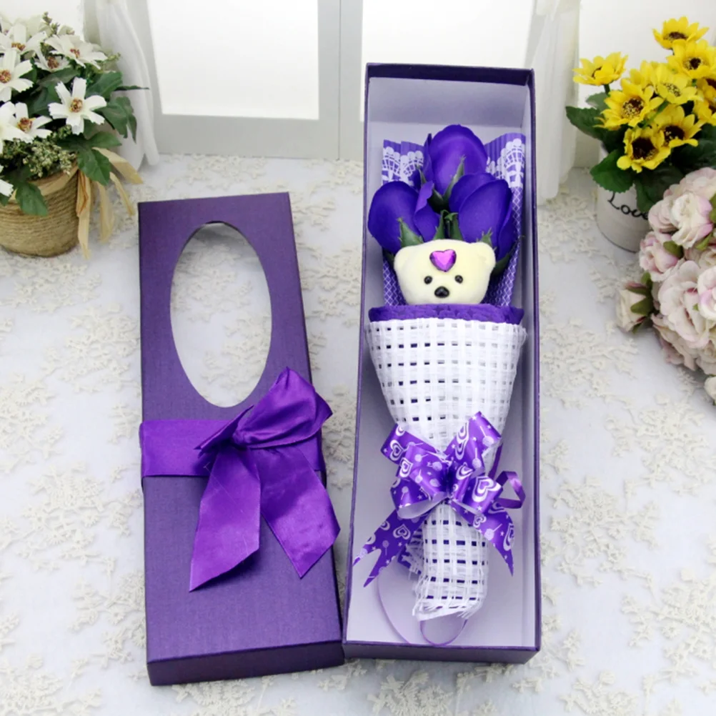 Soap Flower Bouquet Gift Simulation Arrangement Box 3 Roses Bear Gift Box Novelty Gifts(Random Color)