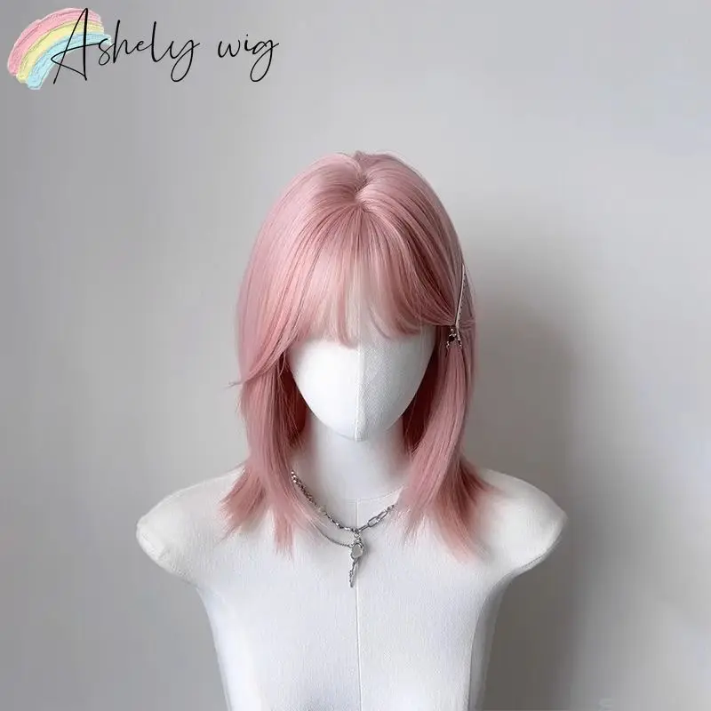 Ashely Pink Wig with Bangs Cute Jk Short Straight Hair Lolita Girl with Shoulder-length Hair Wig Synthetic Wigs Cosplay for Girl