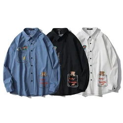 Männer Druck Langarm Cargo Shirts Männer Übergroßen Harajuku Schwarz Hemd Koreanischen Stil Männer Hemd Vintage Kleidung Streetwear