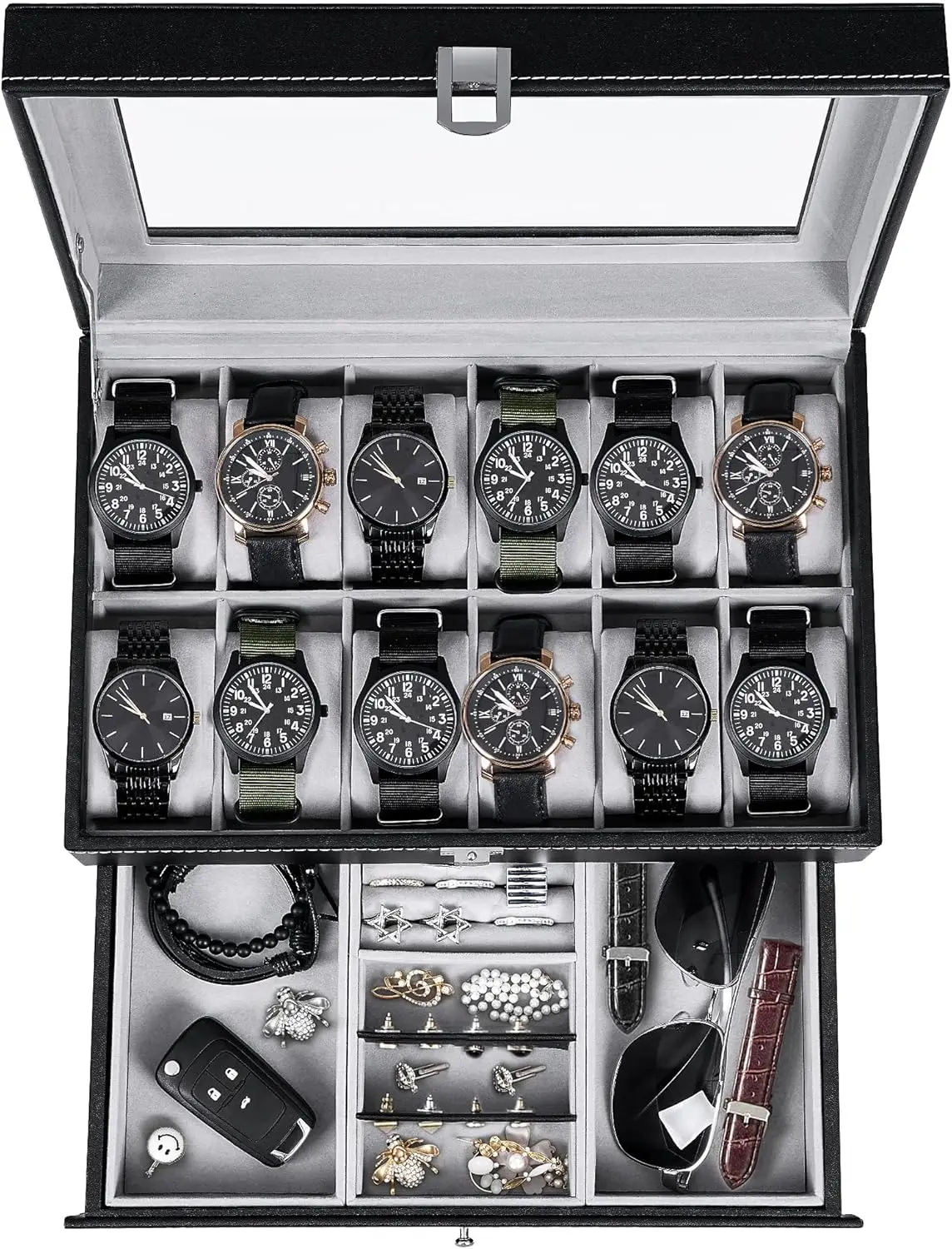 

12-Slot Watch Case, 2-Layer with Drawer, Adjustable Tray, Glass Top, Black SSH02B