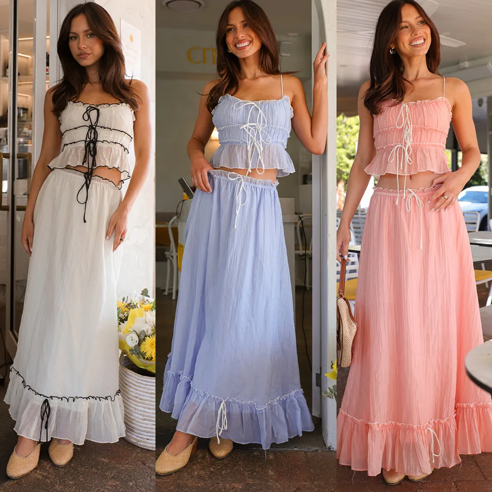 

2025 Summer Women's Two Piece Strap Bow Sweet Top Folded Fairy Half Skirt Set