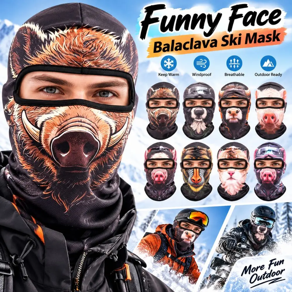 3D Printed Animal Pattern Funny Ski Mask Full Coverage Quick Dry Balaclava Face Mask Soft Windproof Neck Gaiter