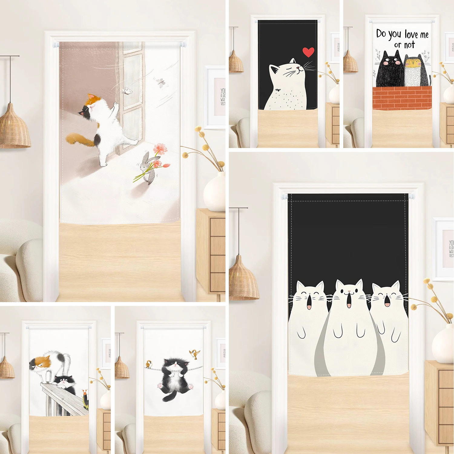 Japanese Cartoon Cat Door Curtain Noren Kitchen Living Room Partition Bookcase Shoe Cabinet Dust Cover Curtain Hanging Opaque