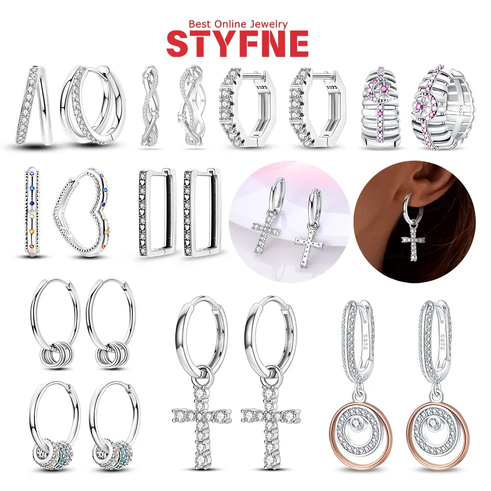 

925 Silver Sparkling Zircon Geometric Line Earrings Cross Star Hoop Earrings Fashionable Fit for Parties Exquisite Jewelry
