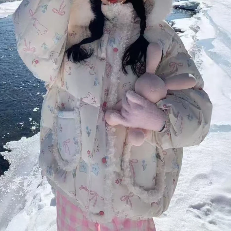 أزياء الكرتون طباعة مقنعين الخبز الملابس النسائية الشتاء تصميم الشعور الباردة واقية سميكة سترة مبطنة بالقطن #2