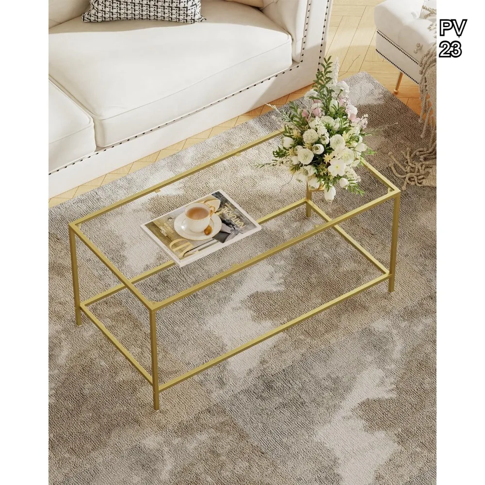 

Modern Gold Glass Coffee Table, Rectangular Minimalist Design with Sturdy Metal Frame for Living Room, Office, Easy Assembly