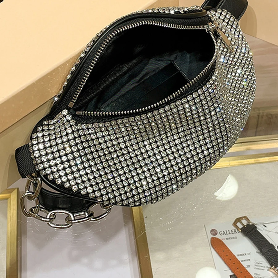 Sparkly Rhinestone Fanny Pack Belt Bag for Women Travel Waist Bags Fashion Waist Pack Banana Bag Chest Shoulder Crossbody Bags