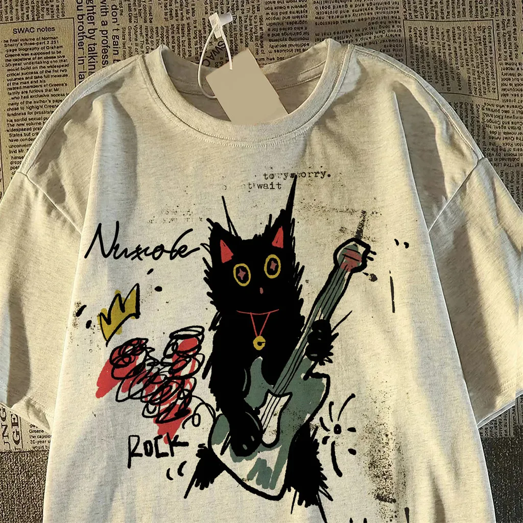 Damen-Sommer-T-Shirt mit süßem schwarzem Katzen-Gitarren-Print, kurzärmelig, Rundhalsausschnitt, lässiges, lockeres T-Shirt, Y2K-Streetwear-Oberteile – Detail 4