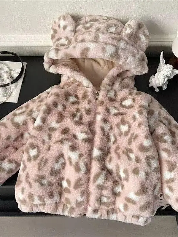 

Thiened Plaid Color Blo Coat for Girls Winter Cotton Padded Warmth Baby Cotton Jaet Leopard Patterned Furry Outerwear