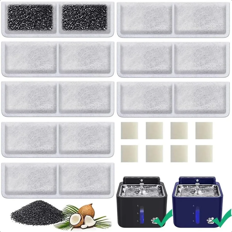 Paquet de 8 filtres de remplacement et filtres à pompe pour fontaine d'eau pour chat à piles en charbon actif et aliments en coton PP