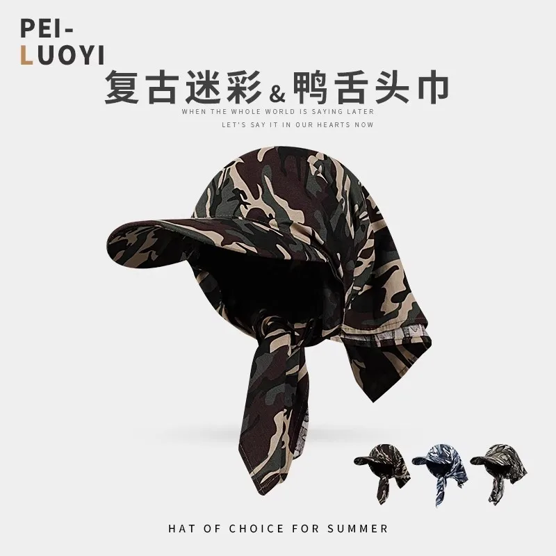 Retro Camouflage Strap Headscarf Cap for Women Spring and Summer Camping Sun Protection Versatile Fashion Spice Girl Sun Hat