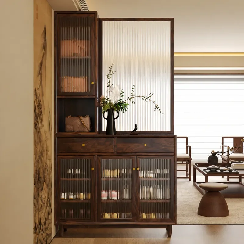 New Chinese Style Solid Wood Rattan Porch Cabinet Entryway Foyer Storage Display Glass Screen Partition Shelf Home Furniture