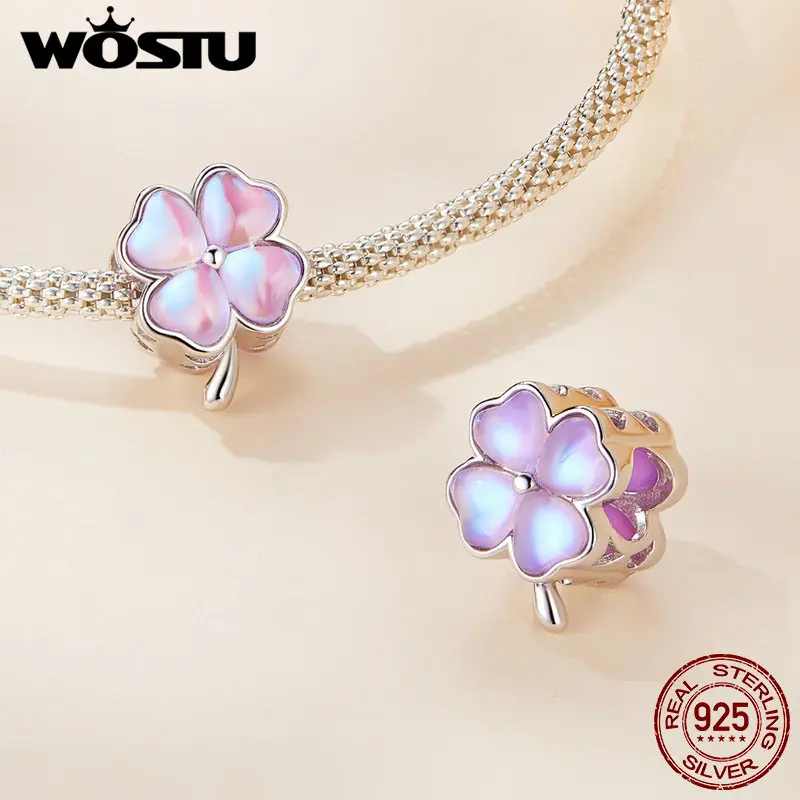 WOSTU 925 Sterling Silver Heart Gradient Beads Pink Heart Clover Pendant For Women Fit Original Bracelet Bangle Fine Jewelry