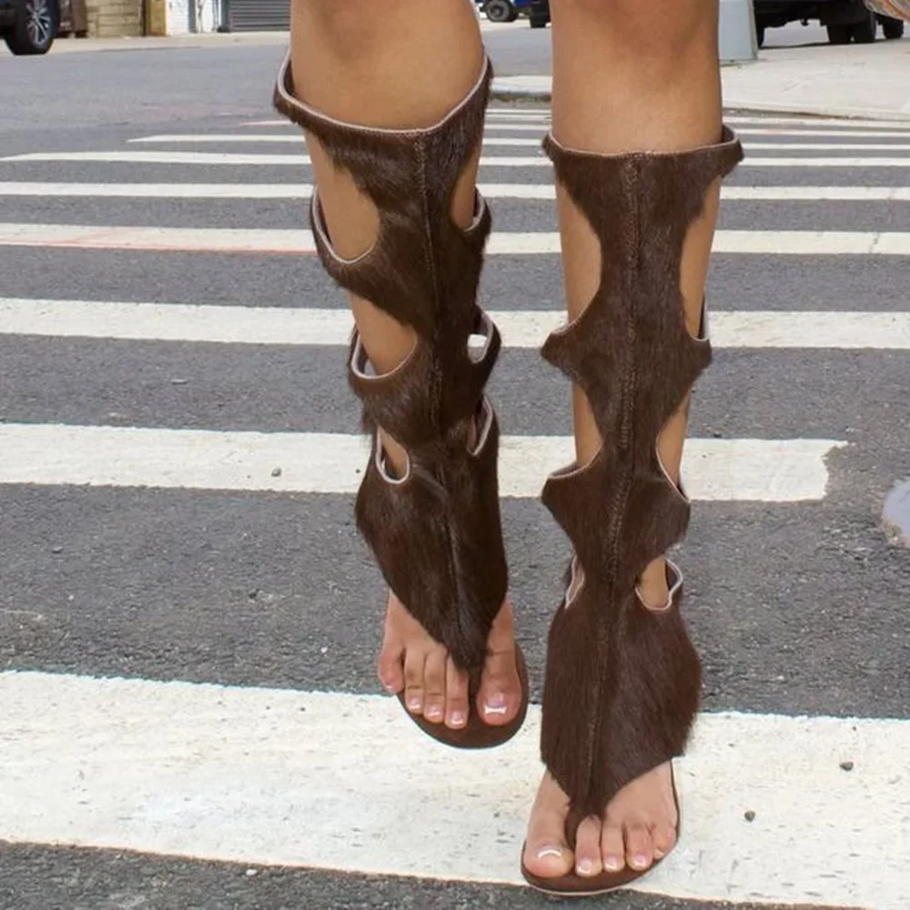 

Летние пикантные подиумные ботинки на клипсе из конского волоса, новинка 2025, модные женские вечерние повседневные ботинки, странные римские сапоги до середины икры на высоком каблуке