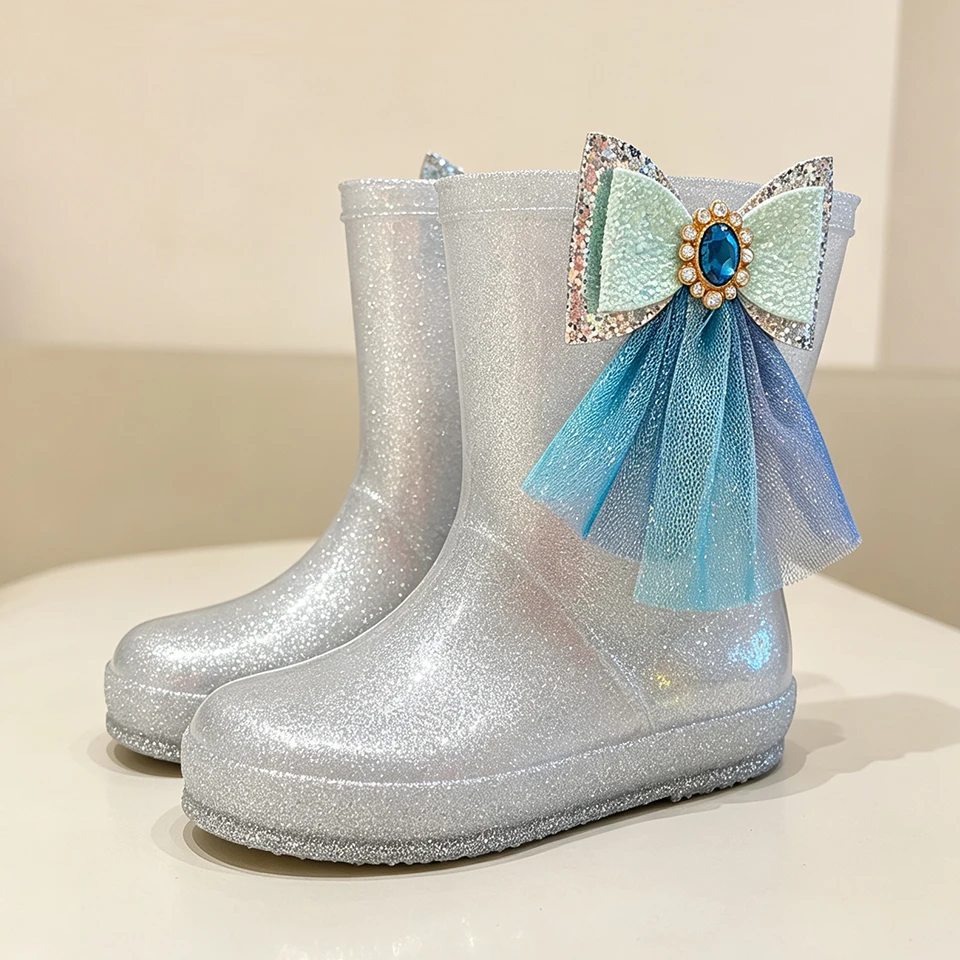 Fancy Little Girls Shiny Princess Style Mid-Calf Rain Shoes Kids Waterproof Rain Boots Outdoor Puddle Play Beach Rain Footwear