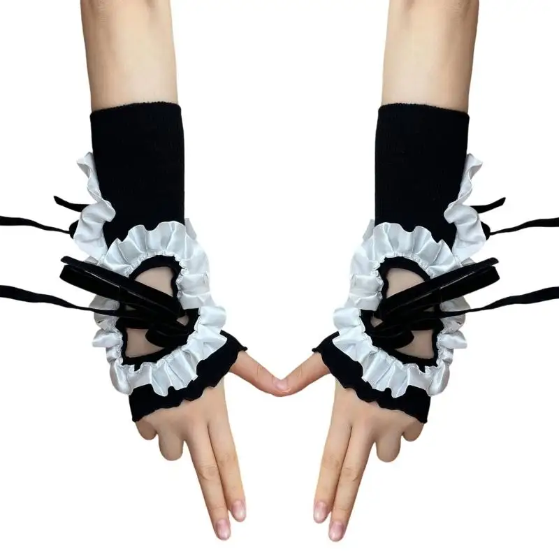 

652F Retro Mesh Arm Warmer Elastic Satins Trim Hollow Crinkle Design Breathable Gloves For Women Night Event