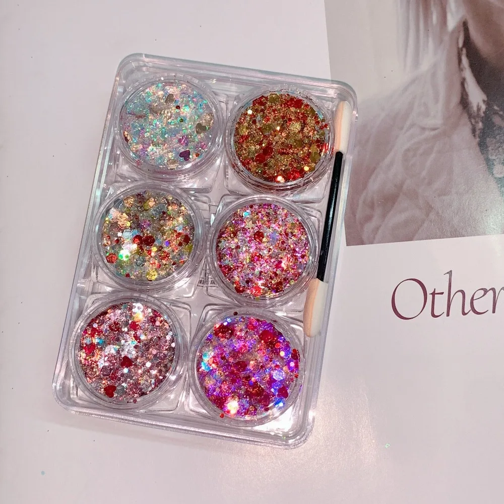 6Pcs/Set Sparkly Colorful Eye Glitter Gel Heart Star Moon Sequins Face Hair Sequin Gel Cream Mermaid Glitter Gel