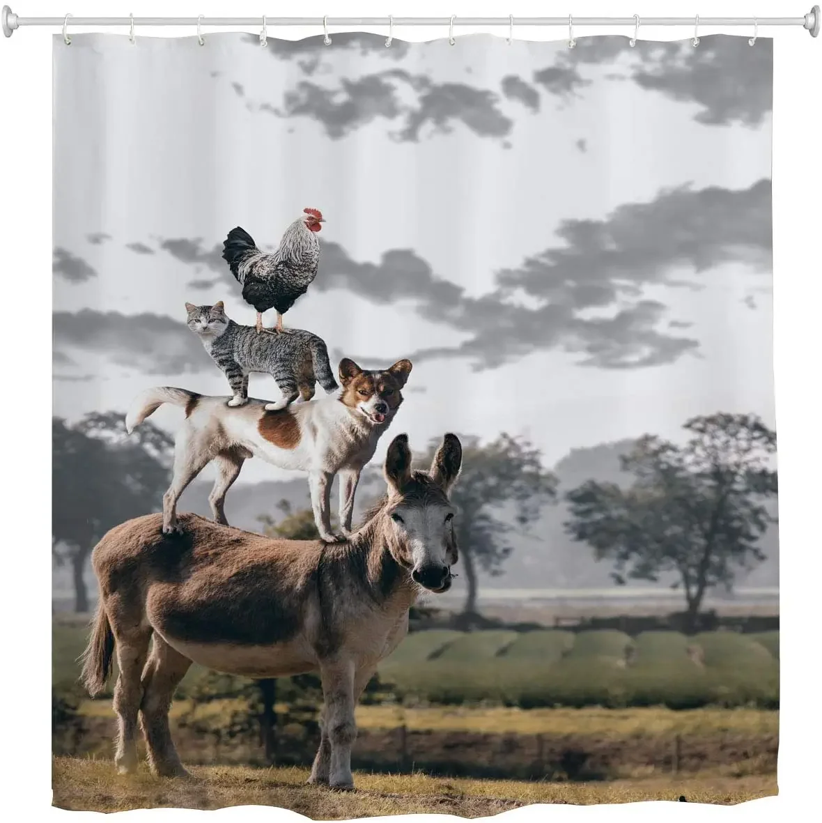 Cat Dog Donkey Chicken Sky Polyester Fabric Curtains Bathroom Décor