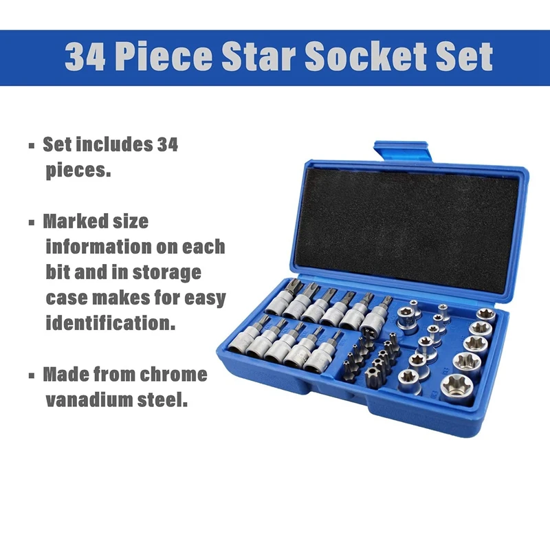 34Pcs Torx Socket Set Triple Square Socket Set Torx Bit Socket Set Star Bit Set Male Female Set