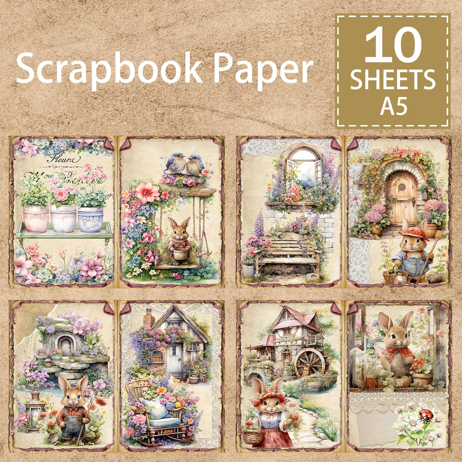 10 Sheets A5 Size Easter Bunny Garden House Flower Basket Background Vintage Grunge Journal Planning Scrapbooking