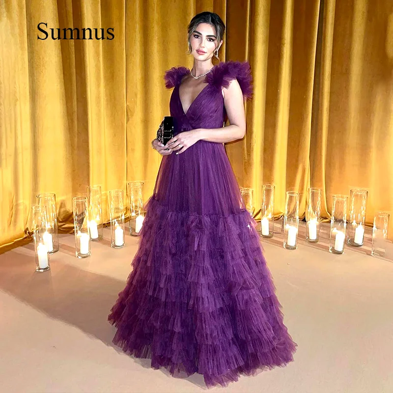 

Sumnus Purple Deep V Neck Prom Dress Tiered Tulle Sleeveless A Line Evening Gowns Formal Long Party Gala Dresses for Mother 2024