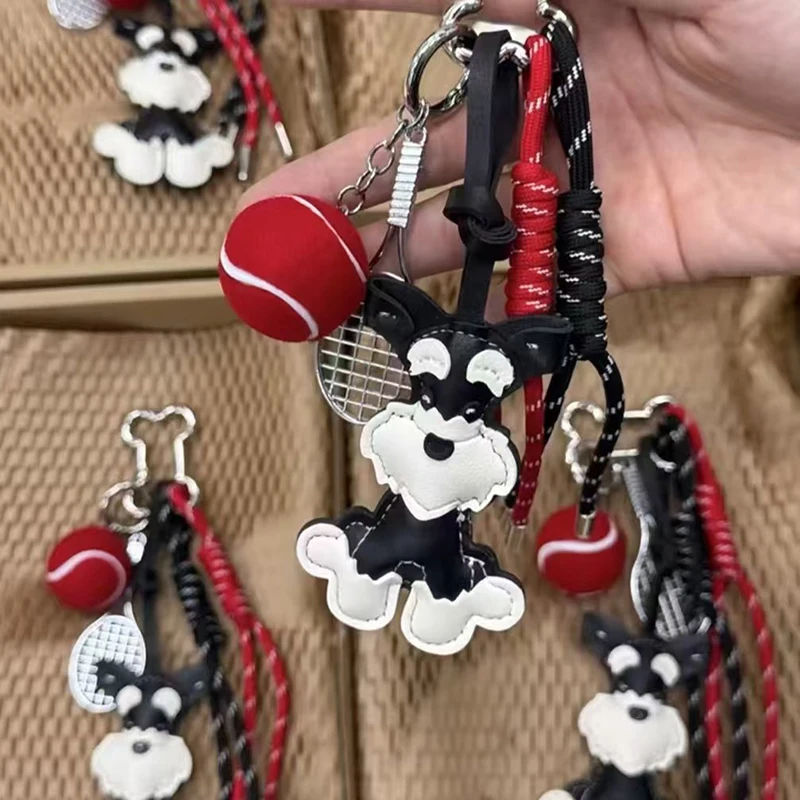 Trendy Schnauzer Dog PU Leather Keychain Women's Bag Pendant Cute Puppy Hanger Ornament for Fashion Accessories