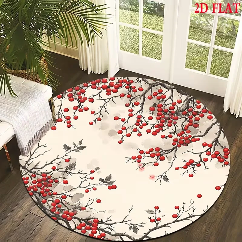 Vintage Red Berry Plum Blossom Round Rug Chinese Ink Art Circular Area Carpet Bedroom Living Room Study Interior Decor Floor Mat