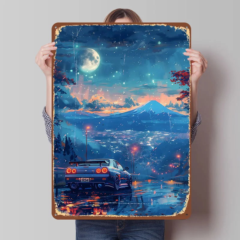 R34 Road Fuji Moon Blechschild Poster Individualisierte Wandkunst Retro Vintage Metallschilder für Zimmer Schlafzimmer Dekorationen Heimdekoration