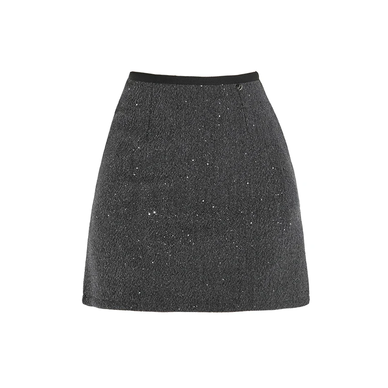 Womens High Waist A-Line Short Skirt Solid Color Woolen Sequin Wrap Hip Winter High Street Fashion Sexy Casual