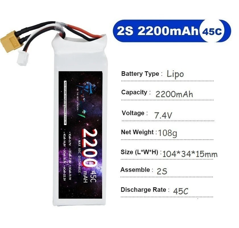 2S1P 7.4V 1500-10400mAh 45C 60C High Capacity LiPo Battery with XT60 T XT90 Plug for RC Car Truck FPV Drone Airplane Outdoor