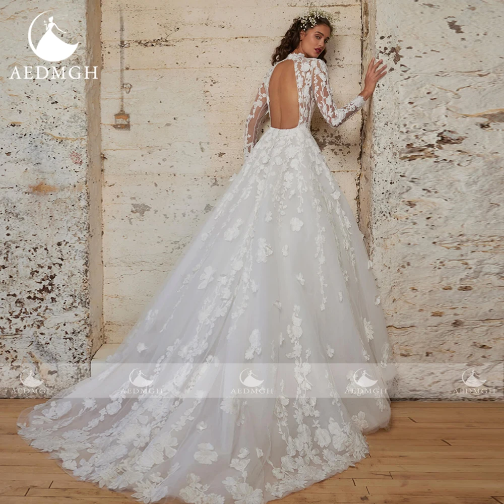 Aedmgh-vestidos De novia elegantes De corte en A, bata De manga larga con cuello alto, Apliques De encaje, flores, vestido De novia elegante hecho a medida