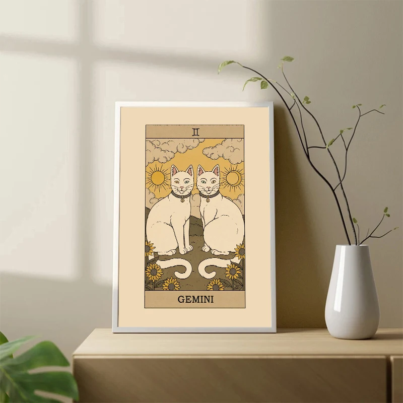 Vintage Cats Zodiac Poster Print Gemini Libra Retro Constellation Astrology Canvas Painting Wall Art Picture for Room Home Decor