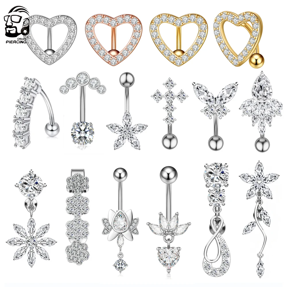 Reversed Bar Belly Button Rings Dangle Flower Star Navel Ring Surgical Steel Belly Piercing Jewelry Oreja Body CZ 14G Belly Ring