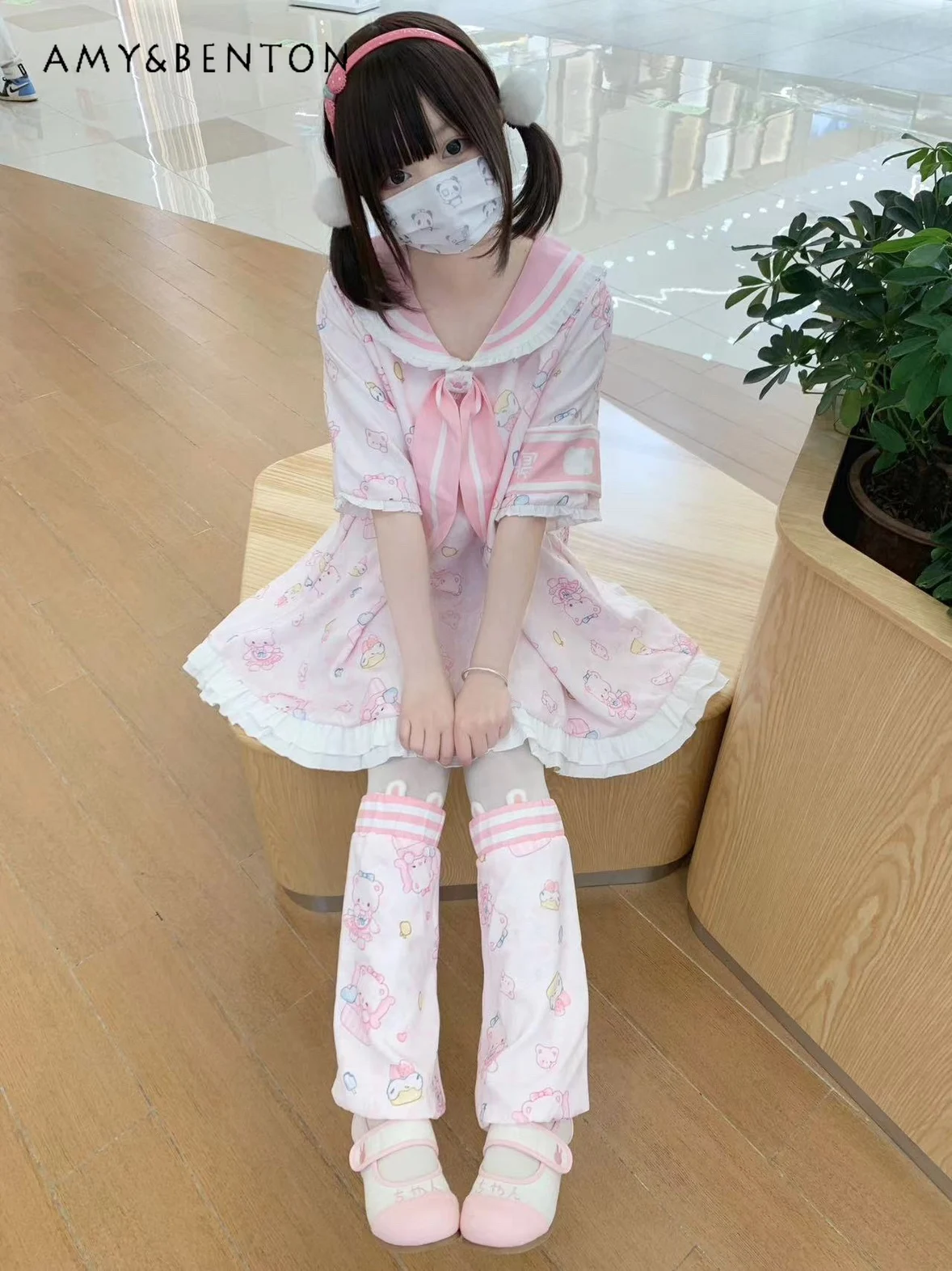 

Original Design Kawaii Girl Pink Navy Collar Bow Cartoon Print Short Sleeve Oversized Ruffle Edge Mini Dress + Cute Leg Warmer